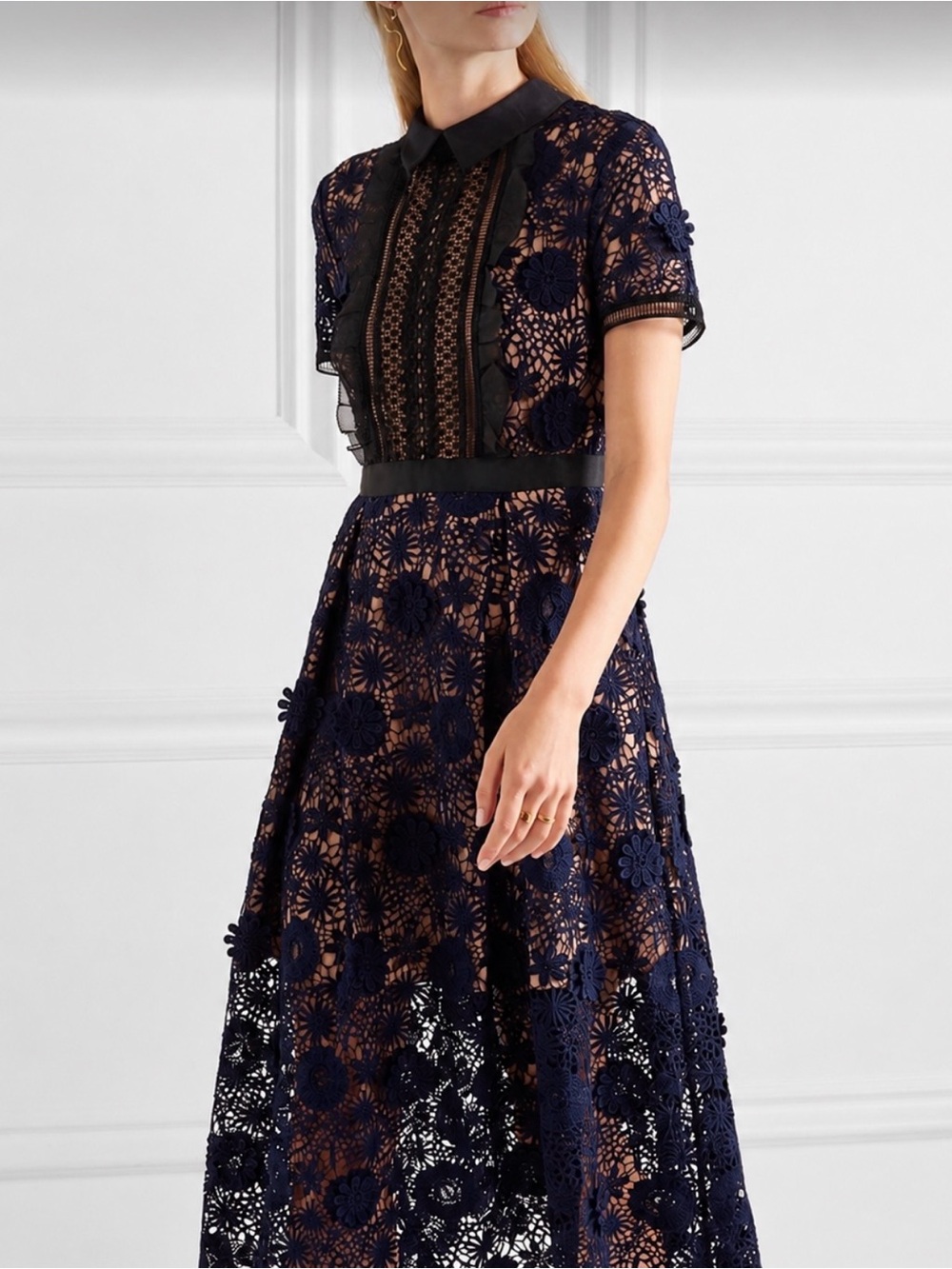 Navy Crochet 3D Floral Guipure Lace Midi Dress with Black Collar and Waist